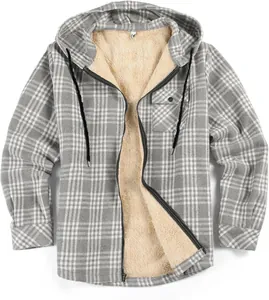 Men's plaid flannel jacket detail showing soft warm fleece lining and functional hood.