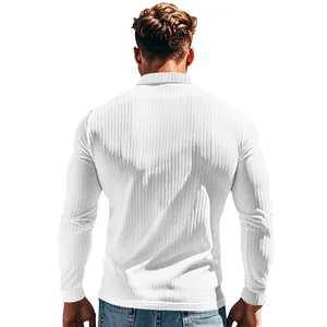 Back view of a white slim fit ribbed long-sleeve polo shirt for men in casual style