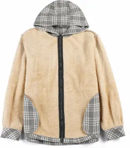 Close-up of men's casual flannel hoodie jacket featuring plaid accents and black zipper