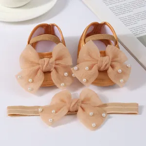 Elegant infant champagne gold dress shoes and headband set with pearl tulle bows