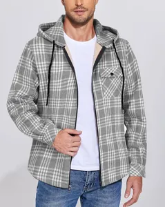 Men's grey plaid flannel hooded jacket with warm fleece lining and zipper closure