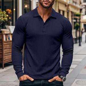 Men's slim fit navy blue long sleeve polo shirt with ribbed texture and classic collar