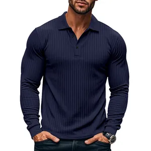 Close-up detail of navy blue long sleeve ribbed polo shirt featuring a slim fit texture