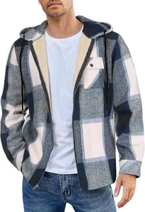 Close-up detail of a men's blue plaid flannel jacket with warm fleece lining and hood