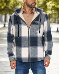 Detail view of men's plaid flannel jacket with hooded design and sherpa fleece lining