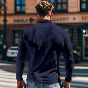 Detailed back view of men's slim fit navy blue ribbed long-sleeve polo shirt for casual wear