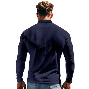 Detailed back view of a men's slim fit navy blue long sleeve ribbed texture polo shirt