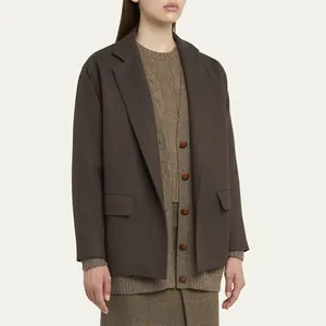 Classic brown blazer with premium decorative resin buttons for elegant women's wear