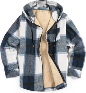 Detailed view of men's plaid flannel jacket with warm fleece lining and hood for winter