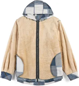 Men's casual hooded flannel jacket with warm fleece lining and plaid patchwork accents