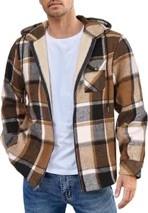 Detail of men's casual brown plaid flannel jacket with warm fleece lining and a hood