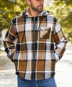 Casual men's brown plaid flannel hooded jacket with full zipper and chest pocket detail
