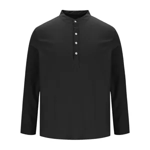 Close-up of men's casual black long-sleeve shirt with stand collar and waffle texture.