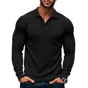 Macro view of men's black slim-fit ribbed long sleeve polo shirt showing fabric texture