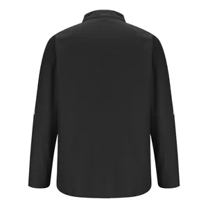 Back view of a black men's casual long sleeve shirt featuring a mandarin collar and textured fabric