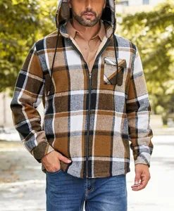 Detail view of men's plaid flannel hooded jacket with zipper and chest pocket