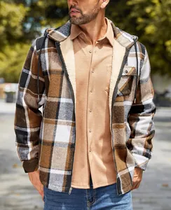 Close-up of men's hooded flannel jacket showing warm fleece lining and plaid pattern