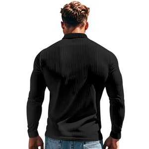 Back view of a men's slim-fit ribbed long-sleeve polo shirt in solid black finish