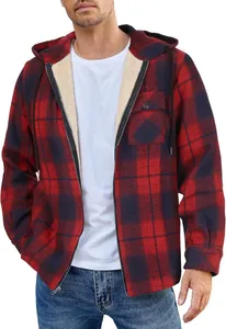 Warm men's red plaid flannel hooded jacket featuring a cozy soft fleece lining detail.