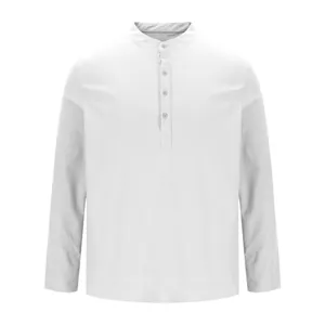 Men's white long-sleeve mandarin collar casual shirt with waffle texture detail fabric