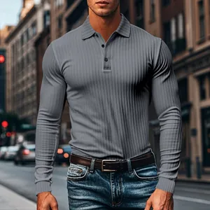 Close-up of a grey ribbed long-sleeve polo shirt with a slim fit design and classic collar