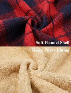 Macro detail view showing red plaid flannel shell fabric and warm beige fleece fuzzy lining