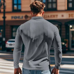 Back view showing the texture of a men's slim fit ribbed long sleeve grey polo shirt.