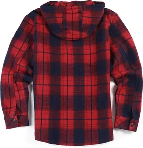 Detailed back view of a classic red and navy blue plaid flannel hooded jacket.