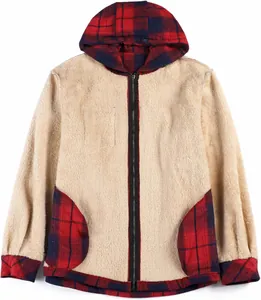 A detailed view of this men's fleece hooded jacket featuring red plaid patchwork accents
