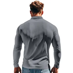 Back view of men's slim fit gray ribbed long-sleeve polo shirt with vertical texture