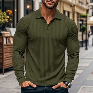 Close-up of olive green long sleeve ribbed polo shirt for men in casual outdoor setting