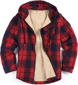 Men's red plaid flannel jacket showing warm cream fleece lining and hood details