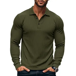 Close-up view of olive green long-sleeve ribbed polo shirt featuring a slim fit design