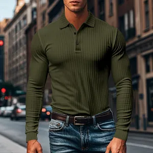 Detailed view of a slim fit army green long sleeve ribbed polo shirt for men with lapel