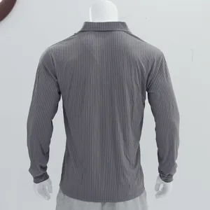 Detailed back view of men's slim fit charcoal grey ribbed long sleeve polo shirt