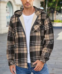 Detailed view of a men's plaid flannel hooded jacket with thick warm fleece lining