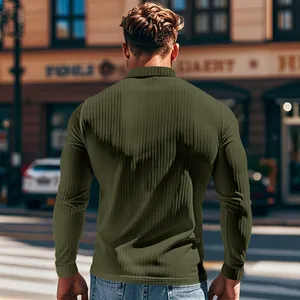 Back view of a men's olive green ribbed long-sleeve polo shirt with a slim fit design