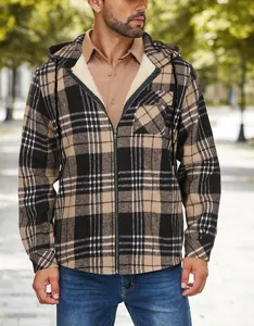 Professional model wearing a men's plaid hooded jacket with warm sherpa fleece lining