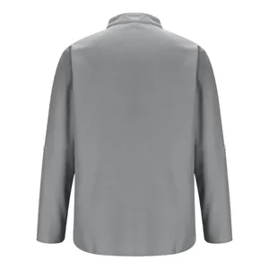 Back view of men's grey long sleeve stand collar shirt with textured waffle fabric detail