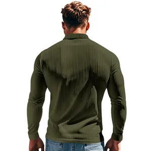 Detailed back view of a men's olive green slim fit ribbed long sleeve polo shirt