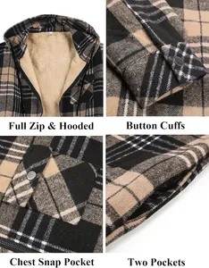 Detail view of men's hooded flannel jacket featuring zipper, pockets and fleece lining
