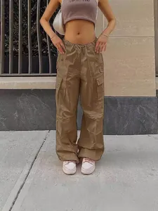 Stylische Damen Khaki Cargo-Hose mit fünf Taschen, geradem Bein und Tunnelzug-Taille