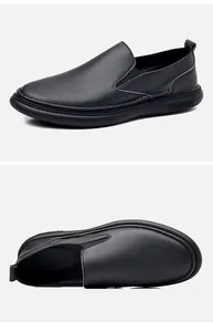 Detailansichten von schwarzen Herren-Slippern aus Rindsleder mit weicher Anti-Rutsch-Sohle