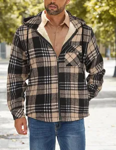 Detail showing the front view of a men's plaid flannel hooded jacket with warm sherpa lining.