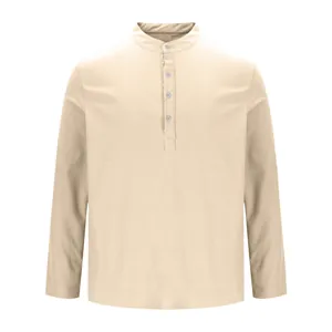 Men's casual beige long-sleeve shirt featuring a stylish Mandarin collar and buttons.