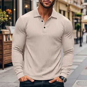 Elegant premium men's slim fit ribbed long sleeve polo shirt in stylish beige colorway