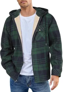 Detail of men's green plaid flannel hooded jacket with warm fleece lining