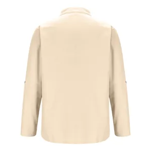 Back view of a beige men's waffle textured long-sleeve casual shirt with stand collar