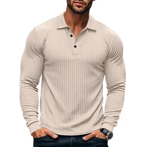 Slim fit men's casual long sleeve polo shirt with vertical ribbed texture in beige color.
