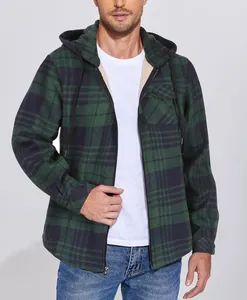 Men's green plaid flannel jacket with hood and warm fleece lining for casual winter wear.